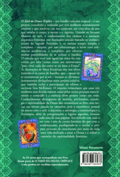 Capa de livro verde com texto em português, duas cartas de tarô coloridas e código de barras