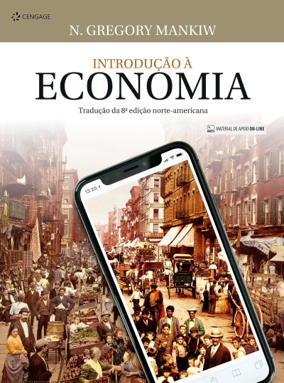 Capa de livro Introdução à Economia com imagem de mercado antigo e smartphone sobreposto