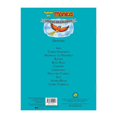 Contracapa de livro azul com texto da coleção Turma da Mônica Lendas Brasileiras e desenho de pássaro colorido