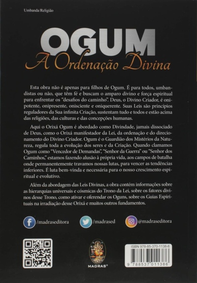 Capa do livro OGUM A Ordenação Divina com texto em várias cores, resumo, código QR e ISBN