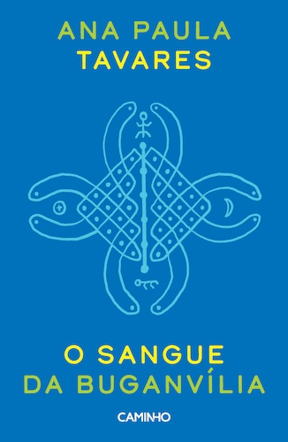 Capa de livro azul com texto amarelo e desenho branco abstrato