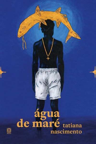 Capa de livro com homem de costas, peixe dourado e texto em amarelo