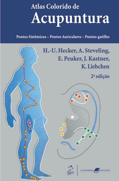 Capa do livro Atlas Colorido de Acupuntura com ilustrações de pontos de acupuntura no corpo e orelha.
