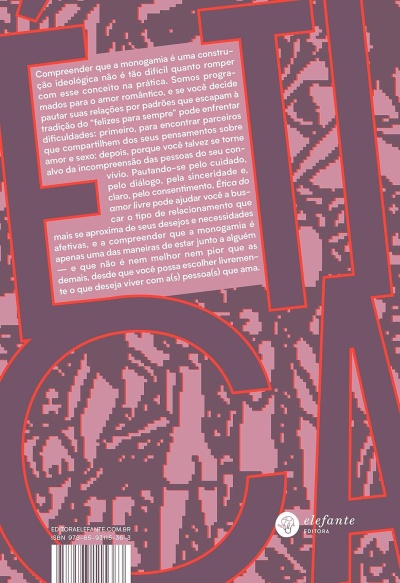 Capa traseira de livro roxa com texto e padrão geométrico