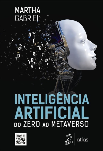 Capa de livro sobre inteligência artificial com cabeça robótica e texto.