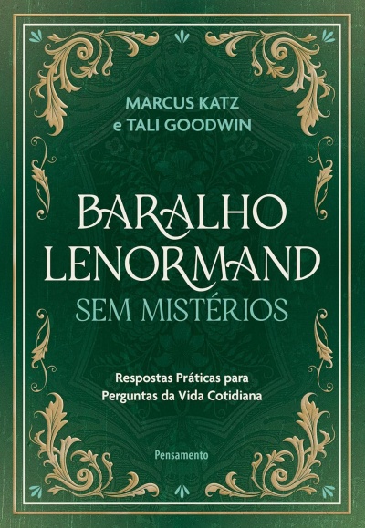 Capa de livro verde com detalhes dourados e texto branco e azul claro