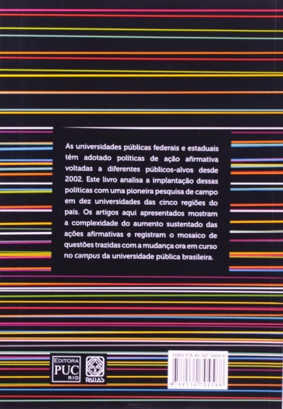 Contracapa de livro com linhas coloridas e texto em português sobre políticas públicas