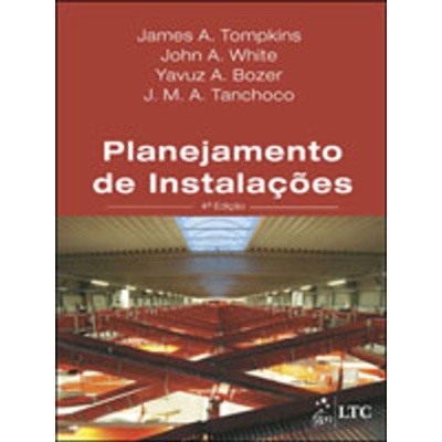 Capa de livro Planejamento de Instalações com texto e imagem de instalações industriais