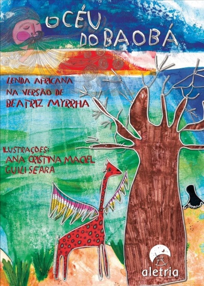 Capa de livro infantil com árvore baobá, girafa colorida e texto em português