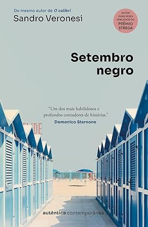 Capa de livro Setembro negro com cabanas azuis na praia