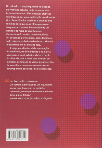 Contra-capa de livro vermelho com texto em português e padrões circulares roxos