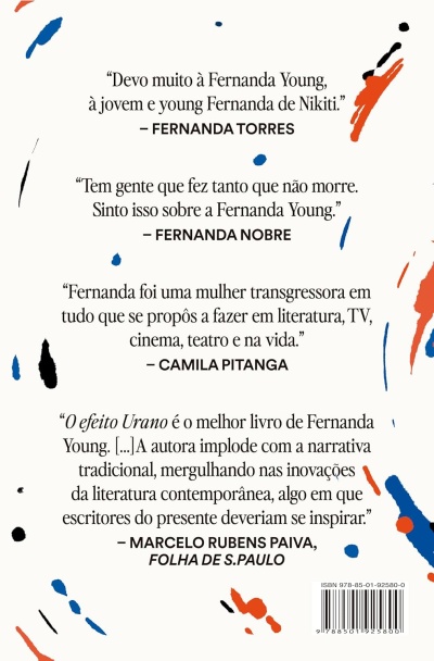 Contracapa de livro com citações em português e manchas coloridas azul, preto e laranja
