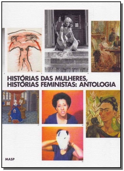 Capa de livro com título em preto e várias imagens de mulheres em arte e fotografia