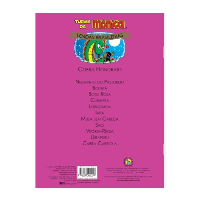 Parte traseira de livro Turma da Mônica Lendas Brasileiras com fundo rosa e ilustração de cobra e índia