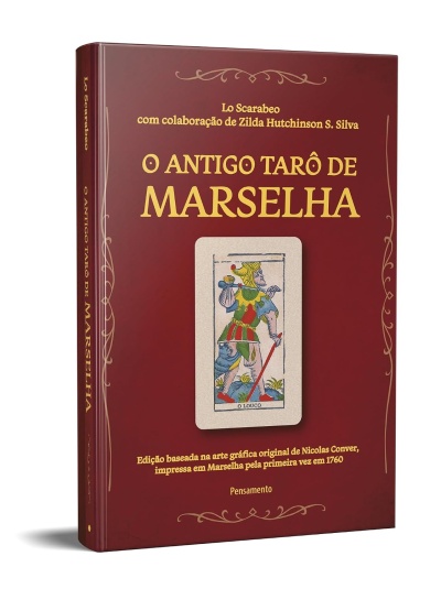 Capa de livro vermelha com título e carta de tarô O Louco.