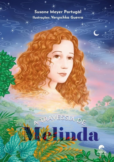 Capa de livro com jovem ruiva, céu estrelado e vegetação