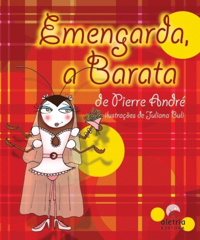 Capa de livro infantil com ilustração de barata vestida de noiva em fundo xadrez vermelho e amarelo.