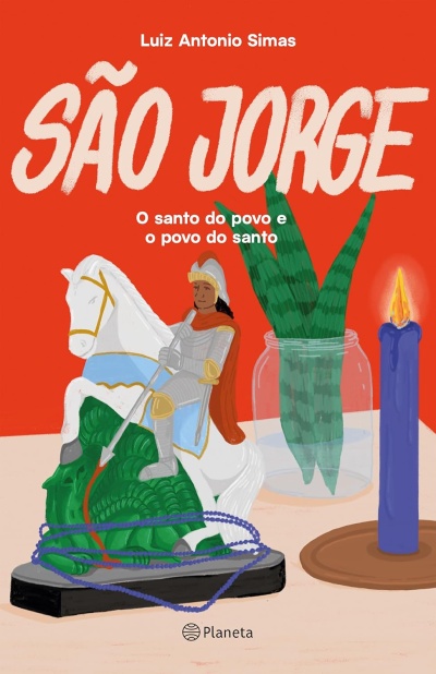 Capa de livro São Jorge com estátua, planta e vela azul