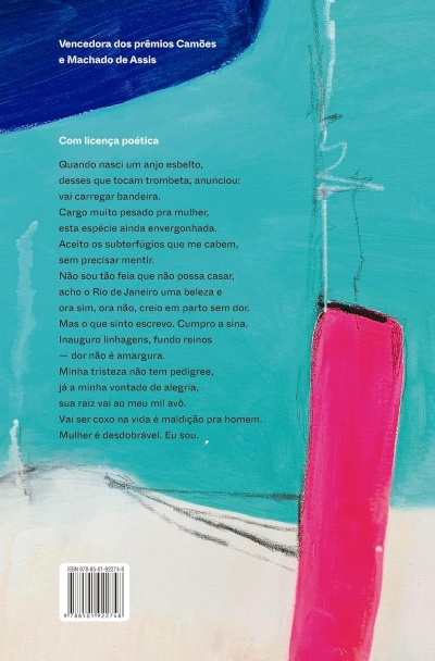 Contracapa de livro com fundo azul, branco e rosa e texto em português