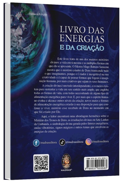 Capa traseira de livro azul escuro com texto e imagens, título LIVRO DAS ENERGIAS E DA CRIAÇÃO
