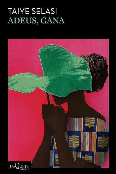 Capa de livro com silhueta feminina, folha verde grande e fundo vermelho.