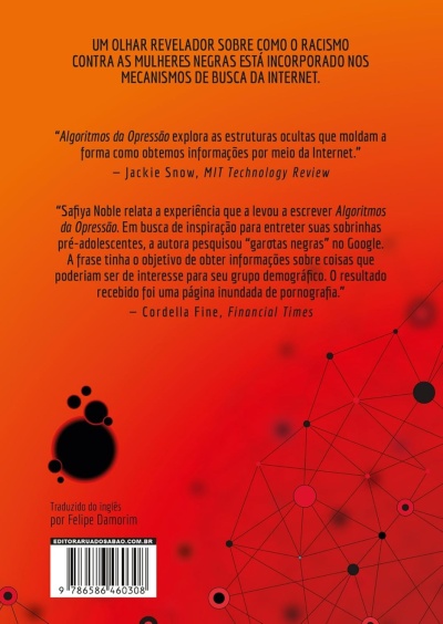 Contracapa de livro com texto em português sobre racismo na internet, fundo laranja e vermelho com padrões geométricos e código de barras.