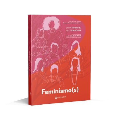 Capa de livro vermelho e rosa com ilustrações de mulheres estilizadas e texto Feminismo(s)