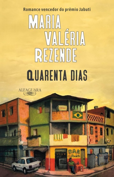 Capa do livro Quarenta Dias com ilustração de edifício colorido e texto principal em amarelo.