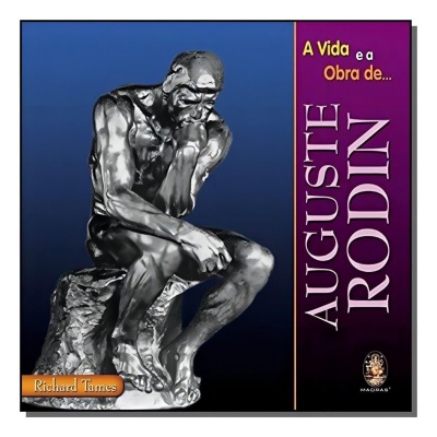 Estátua prateada do Pensador com texto e fundo azul e roxo.