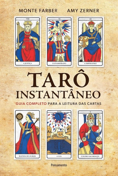 Capa de livro com cartas de tarô coloridas e texto em português