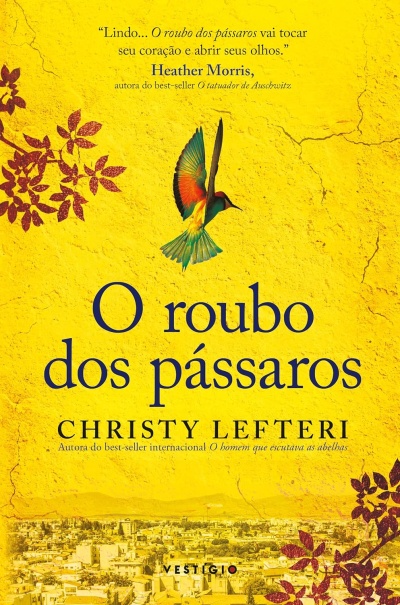 Capa de livro amarelo com título, autor, pássaro colorido e texto de recomendação