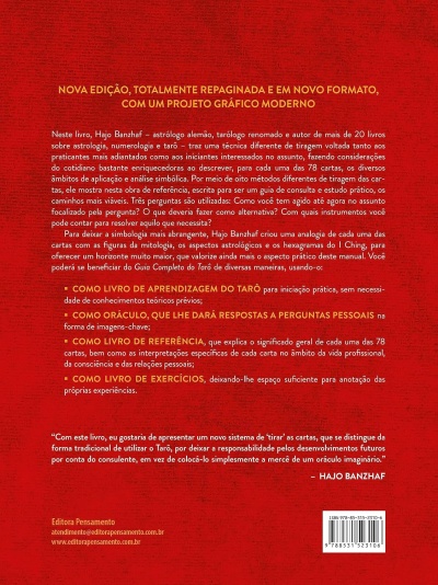 Parte traseira de livro vermelho com texto em português sobre tarô