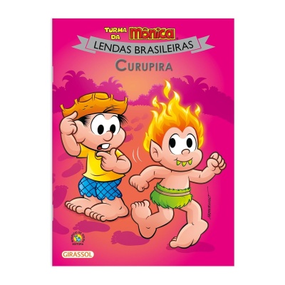 Capa de livro infantil Turma da Mônica Lendas Brasileiras Curupira cor-de-rosa com personagens desenhadas