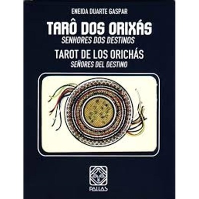 Capa de baralho de tarot Tarô dos Orixás com padrão circular colorido e texto em português e espanhol