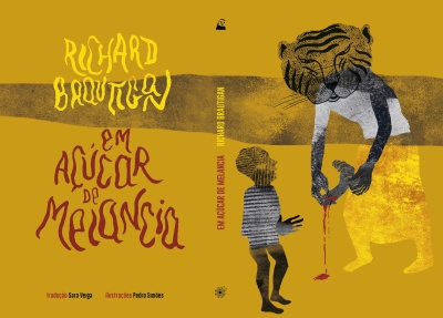 Capa de livro com ilustração de figura humana com cabeça de tigre e menino, texto RICHARD BRAUTIGAN e EM AÇÚCAR DE MELANCIA.