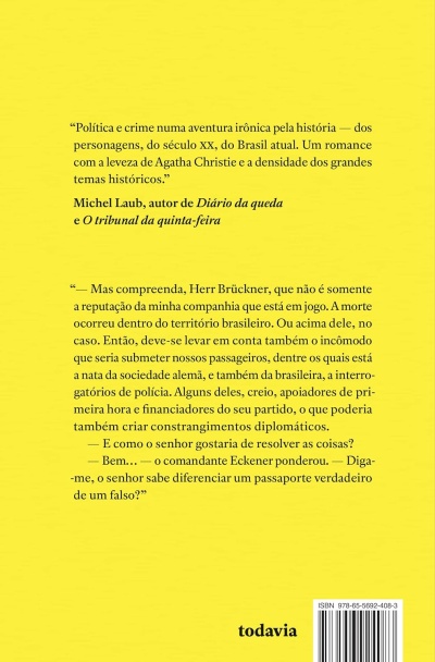 Contra-capa de livro amarela com texto em português, código de barras e logo Todavia.