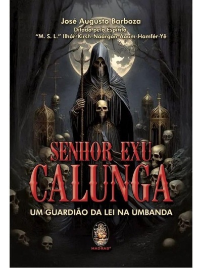 Capa de livro Senhor Exu Calunga com figura encapuzada e caveiras ao luar