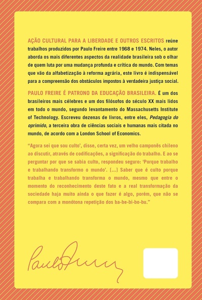 Contracapa de livro com texto em português, fundo amarelo e borda laranja com linhas diagonais
