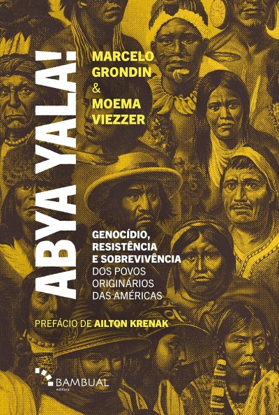 Capa de livro com ilustrações de rostos de povos originários e texto em branco e amarelo