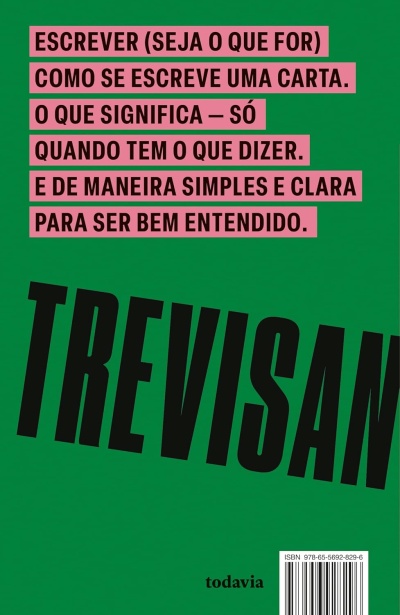Capa de livro verde com texto em rosa e preto, destaca a palavra TREVISAN e contém texto sobre escrever cartas.