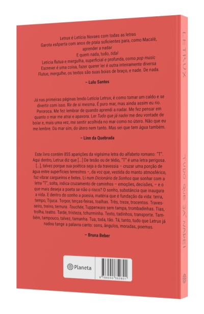 Parte traseira do livro rosa coral com texto impresso em preto