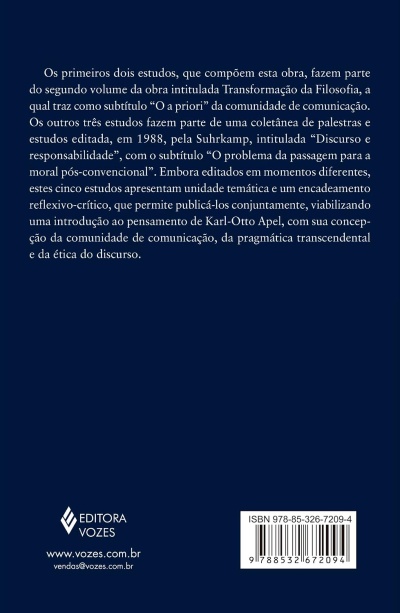Capa traseira de livro azul com texto branco sobre estudos filosóficos e código ISBN