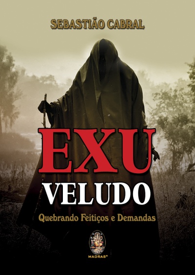 Capa de livro com figura encapuzada em manto negro e texto Exu Veludo