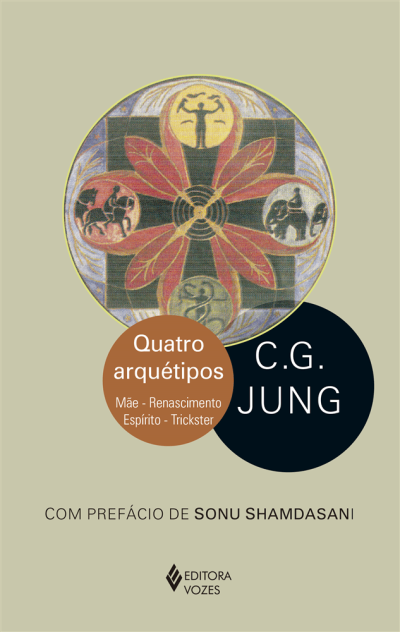 Capa de livro Quatro arquétipos de C.G. Jung em fundo bege com figuras e texto