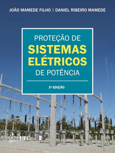 Capa de livro sobre proteção de sistemas elétricos de potência com subestação elétrica ao fundo