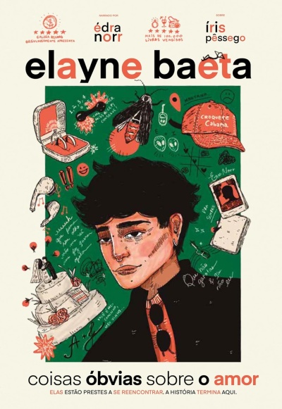 Capa de livro com ilustração de um jovem e vários desenhos e objetos à volta em fundo verde