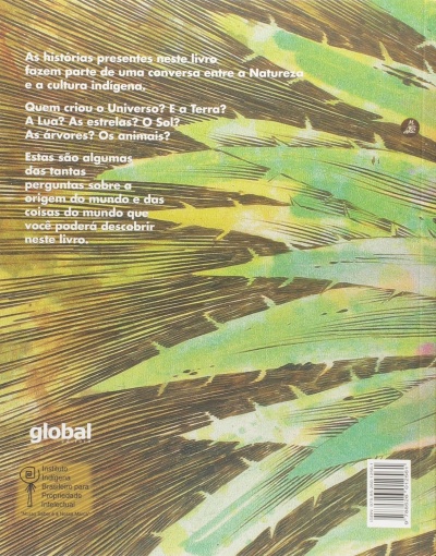 Contracapa de livro com ilustração abstrata em verde e castanho e texto em branco sobre origem do universo