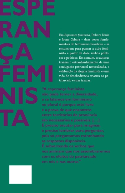 Texto relacionado ao livro Esperança feminista com fundo verde e letras em roxo e branco