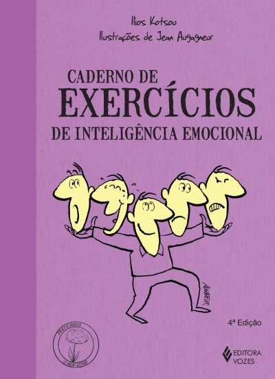 Livro lilás Caderno de Exercícios de Inteligência Emocional com ilustração de figura com várias cabeças expressando emoções