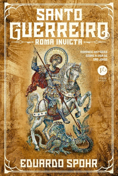 Capa de livro SANTO GUERREIRO com mosaico de São Jorge a lutar contra dragão.